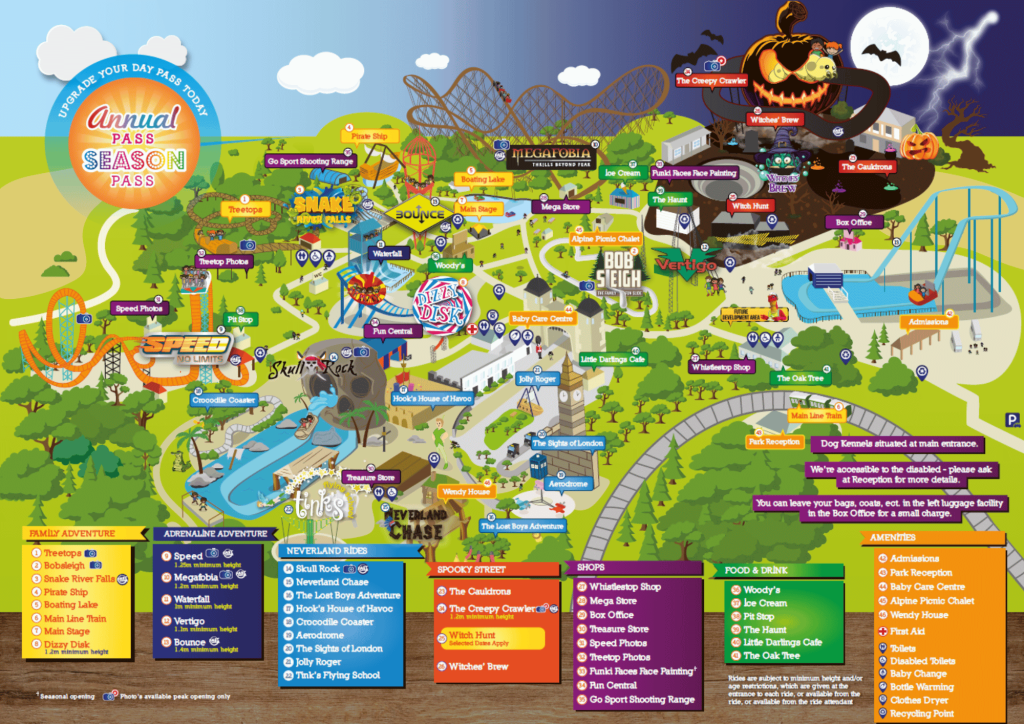a map showing all the attraction locations in oakwood theme park
