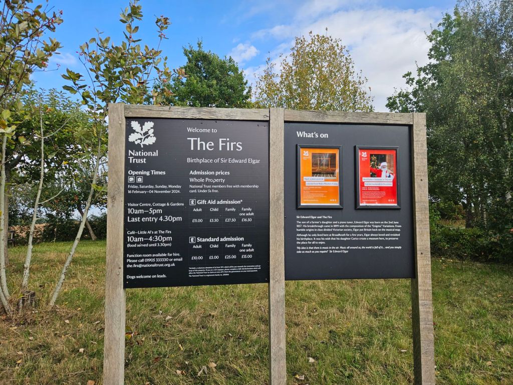 A sign explaining the entrance fees to The Firs National Trust in Worcester
